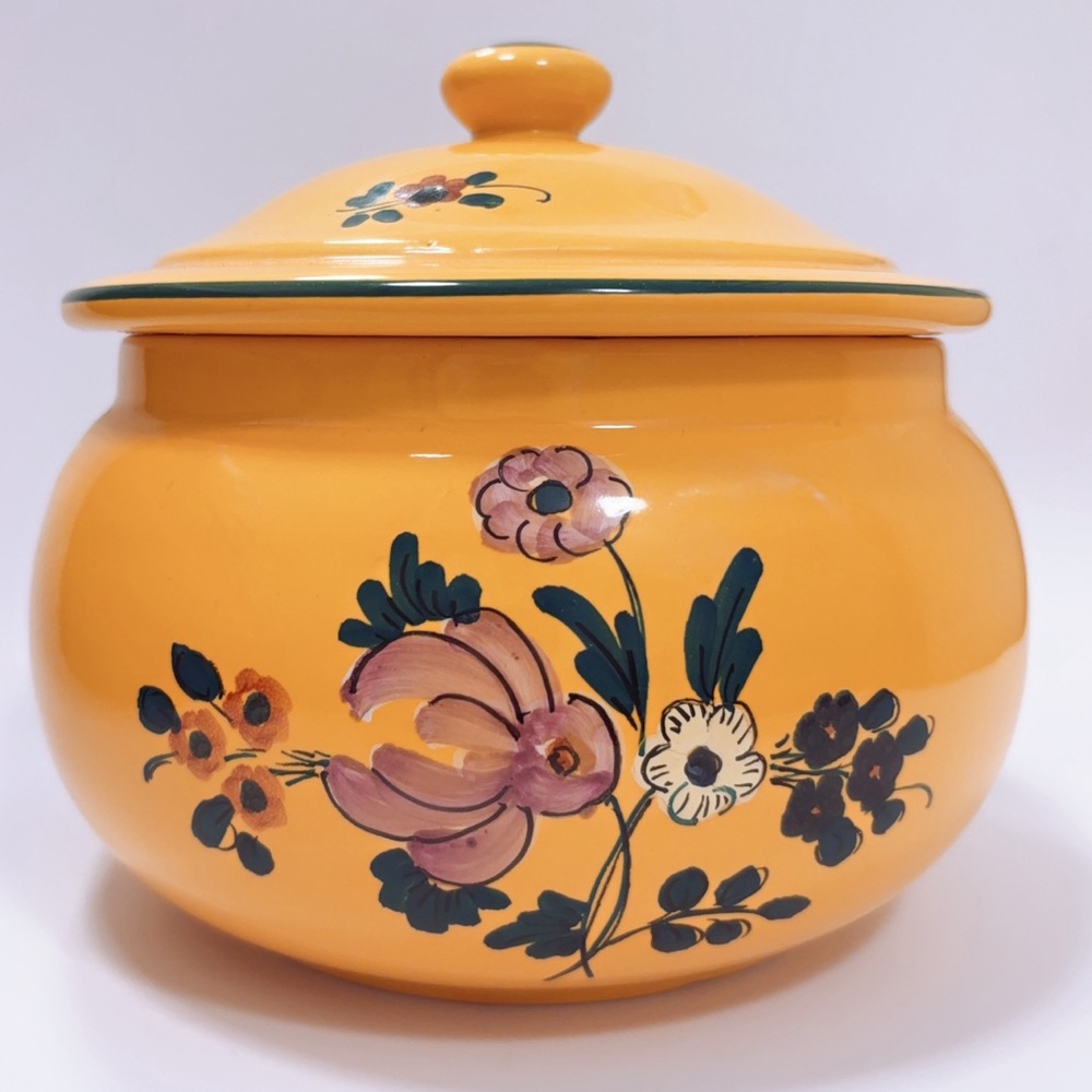 LARGE COTTURA CERAMIC ITALIAN POTTERY LARGE JAR W/ LID Gold Pink Flowers